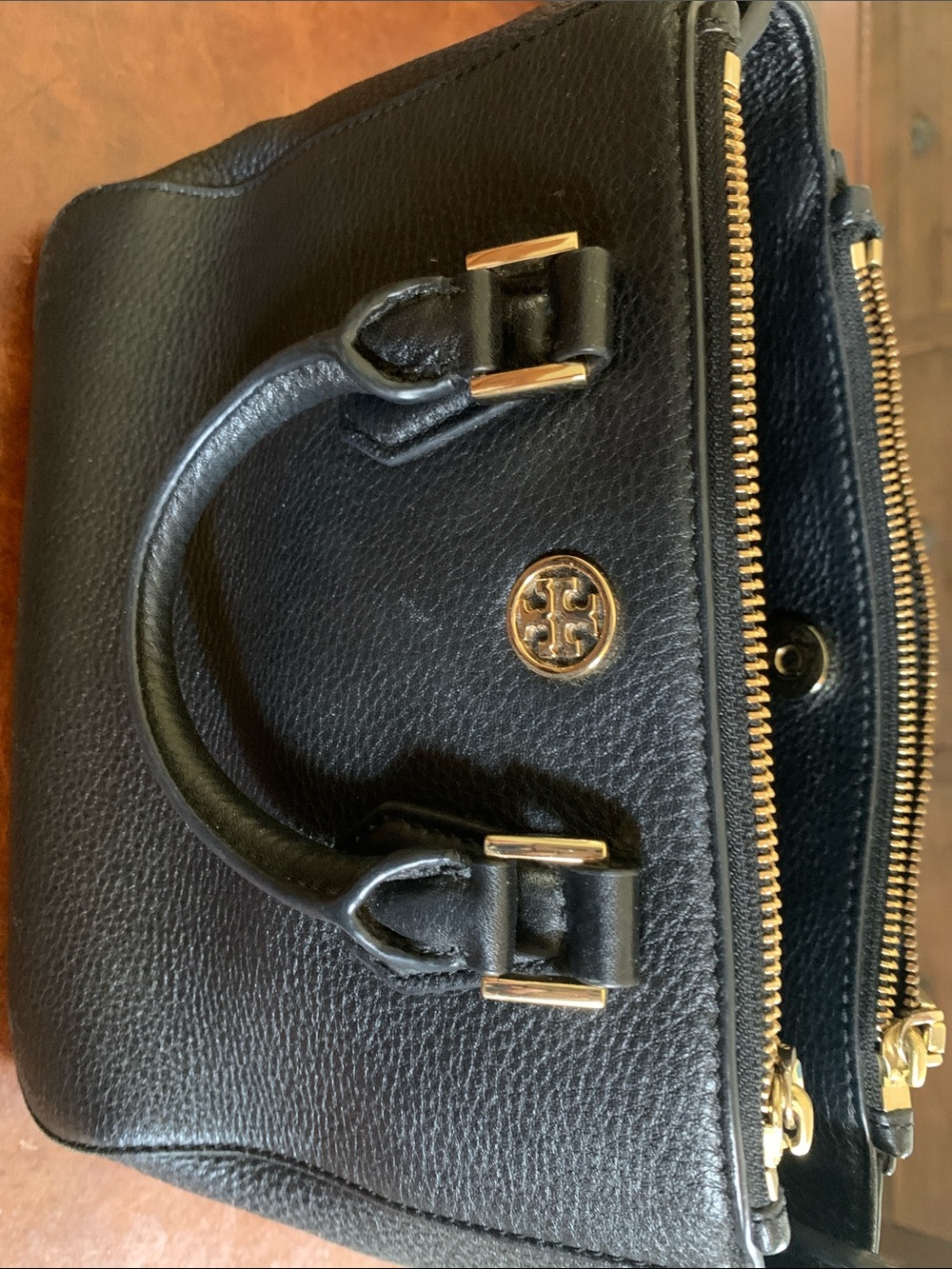 Tory Burch Black Pebbled Leather Satchel with Gold Accents